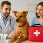 A veterinarian and a pet owner with a dog and a red pet first aid kit on a table.