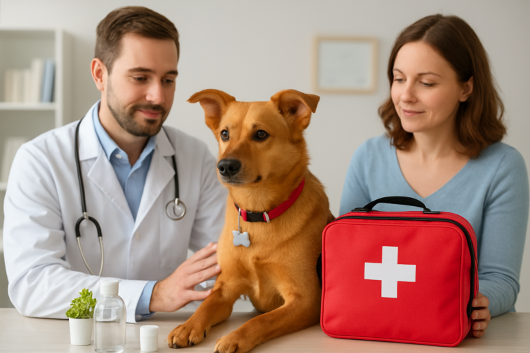 A veterinarian and a pet owner with a dog and a red pet first aid kit on a table.