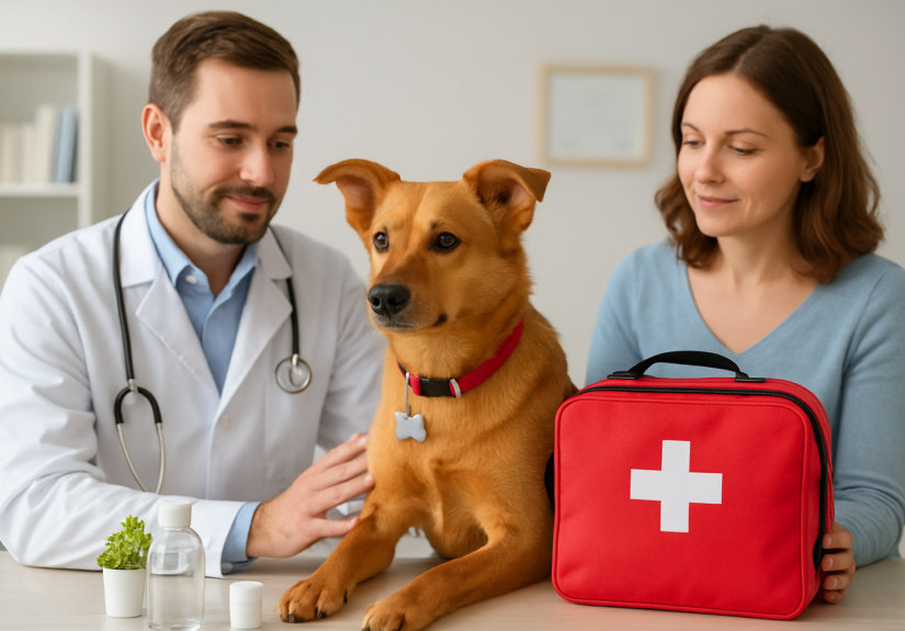 A veterinarian and a pet owner with a dog and a red pet first aid kit on a table.