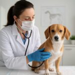 A veterinarian examining a dog with a stethoscope in a veterinary clinic