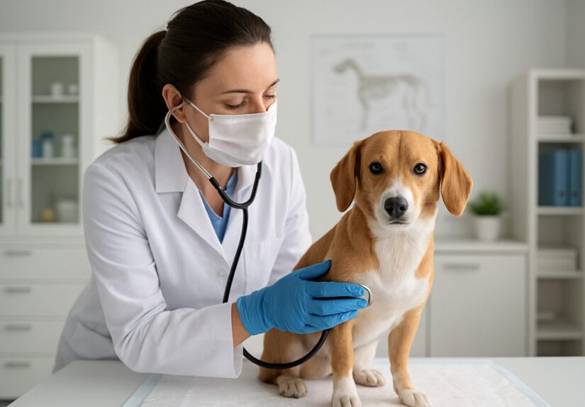 A veterinarian examining a dog with a stethoscope in a veterinary clinic
