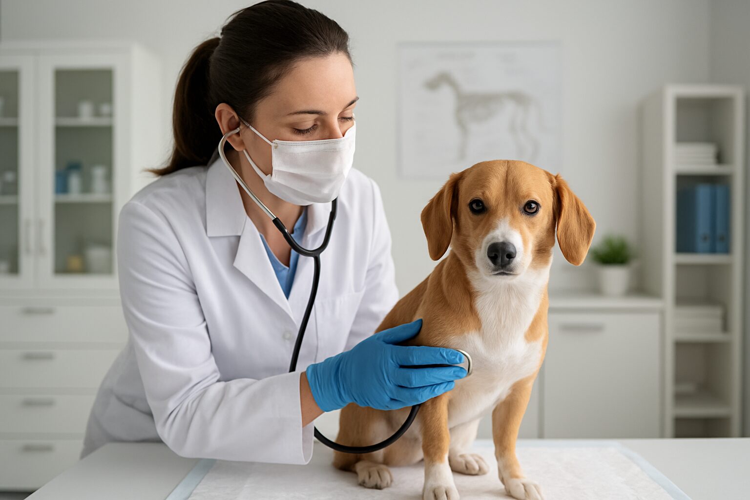 A veterinarian examining a dog with a stethoscope in a veterinary clinic