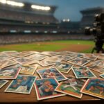 A collection of sports cards displayed on a wooden table with a baseball stadium in the background during an event.