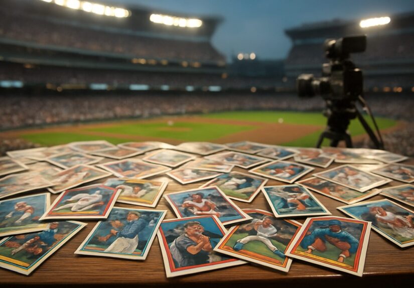 A collection of sports cards displayed on a wooden table with a baseball stadium in the background during an event.