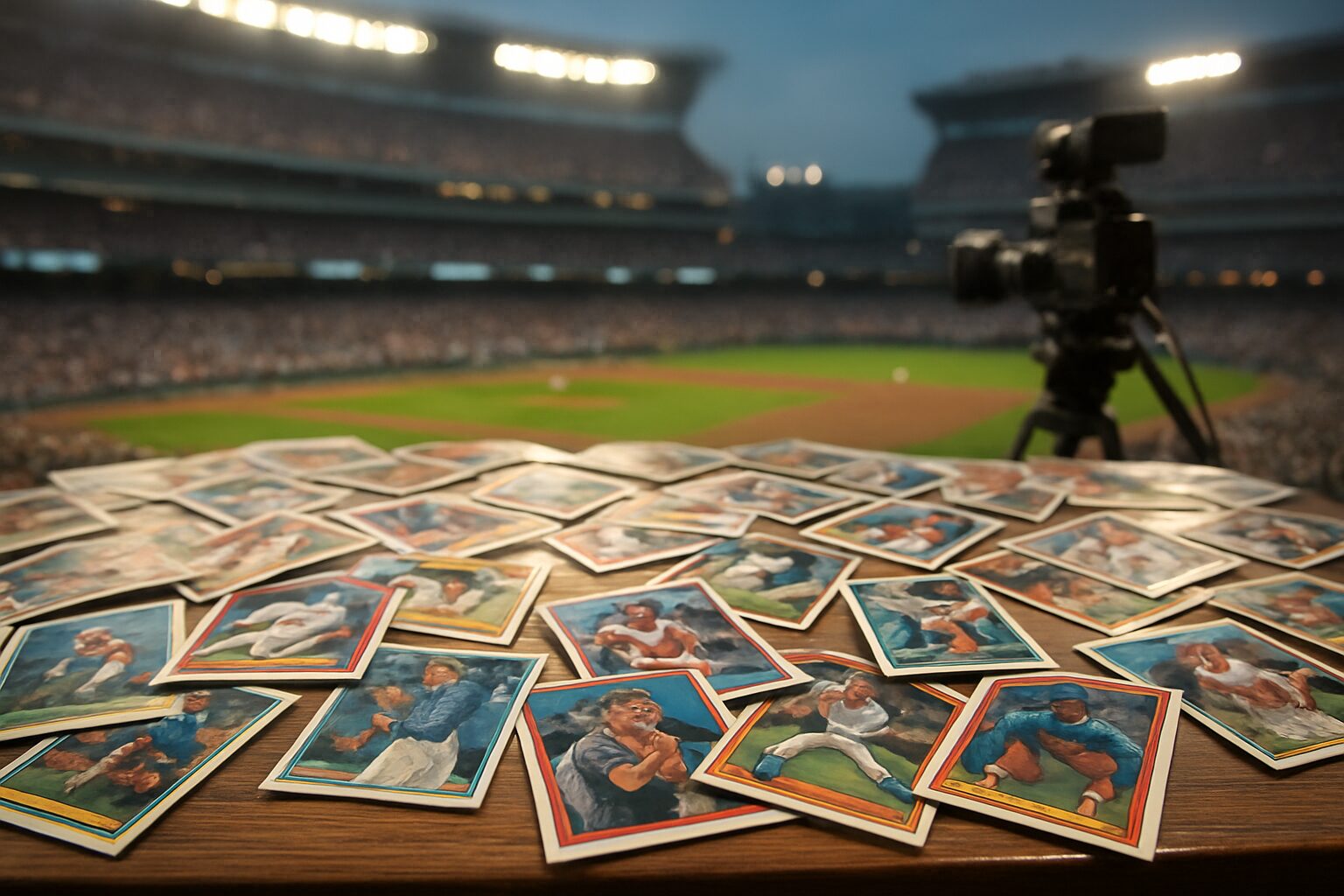 A collection of sports cards displayed on a wooden table with a baseball stadium in the background during an event.