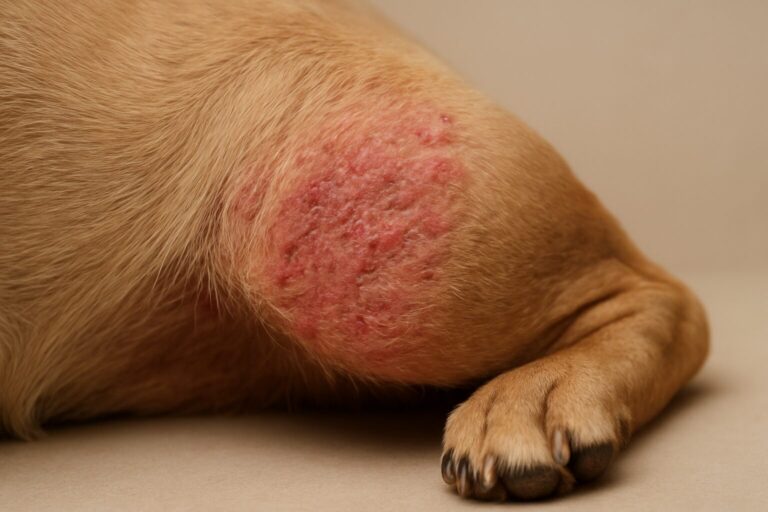 Close-up of a dog's paw with a red, irritated skin patch showing signs of allergy or discomfort