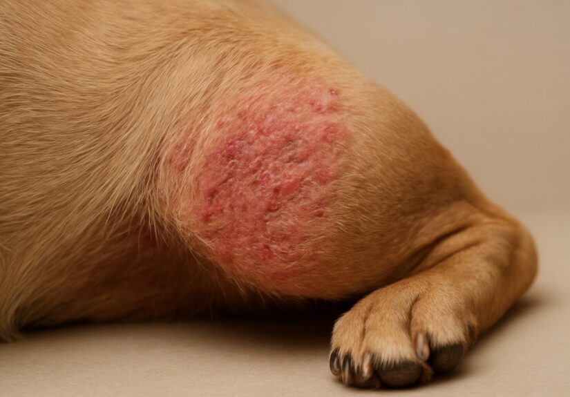 Close-up of a dog's paw with a red, irritated skin patch showing signs of allergy or discomfort