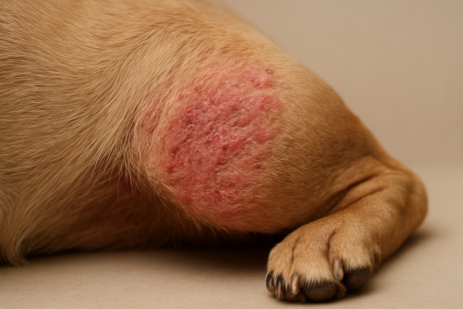 Close-up of a dog's paw with a red, irritated skin patch showing signs of allergy or discomfort